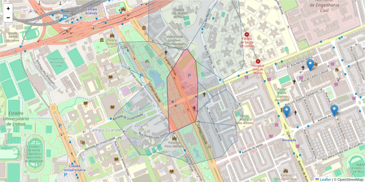 Mapa detalhado do código postal 1700-091 com limites, códigos postais vizinhos e agências dos correios