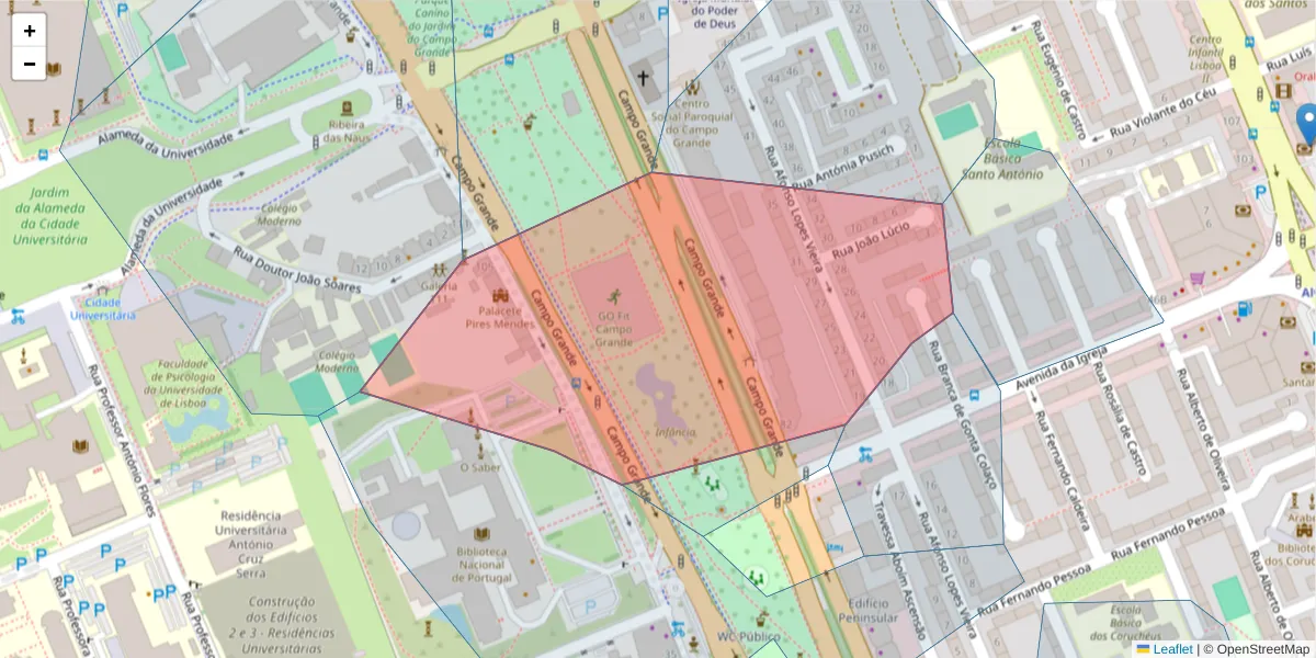 Mapa detalhado do código postal 1700-094 com limites, códigos postais vizinhos e agências dos correios