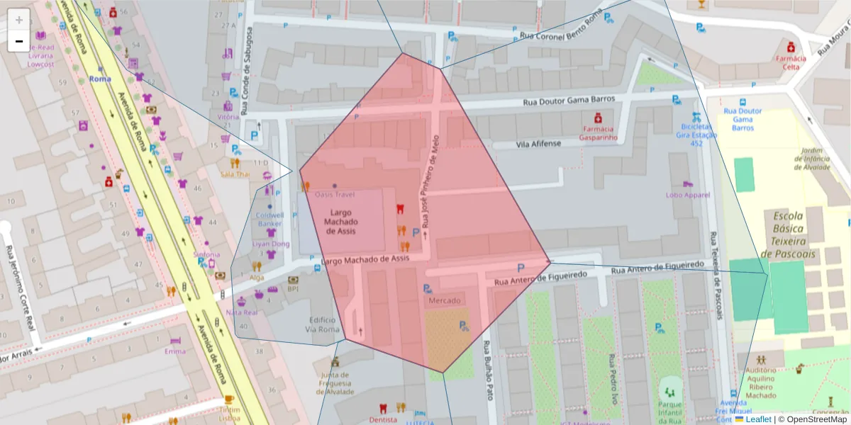 Mapa detalhado do código postal 1700-116 com limites, códigos postais vizinhos e agências dos correios