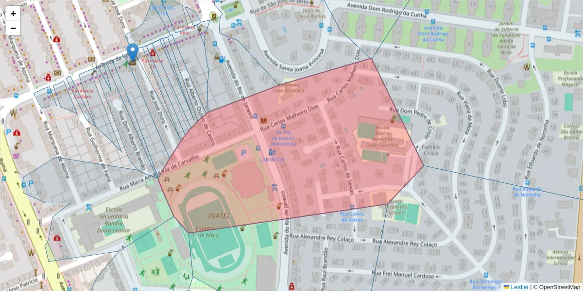 Mapa detalhado do código postal 1700-135 com limites, códigos postais vizinhos e agências dos correios
