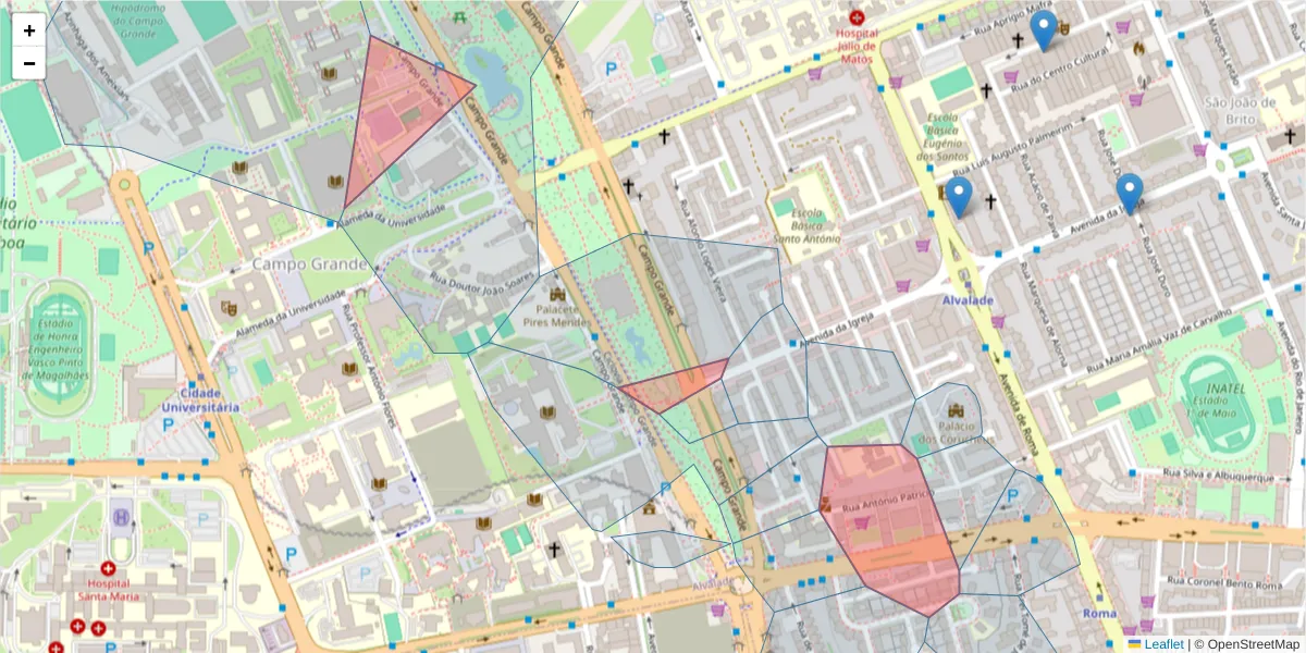 Mapa detalhado do código postal 1700-162 com limites, códigos postais vizinhos e agências dos correios