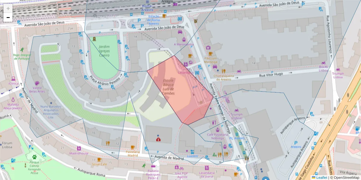 Mapa detalhado do código postal 1700-164 com limites, códigos postais vizinhos e agências dos correios
