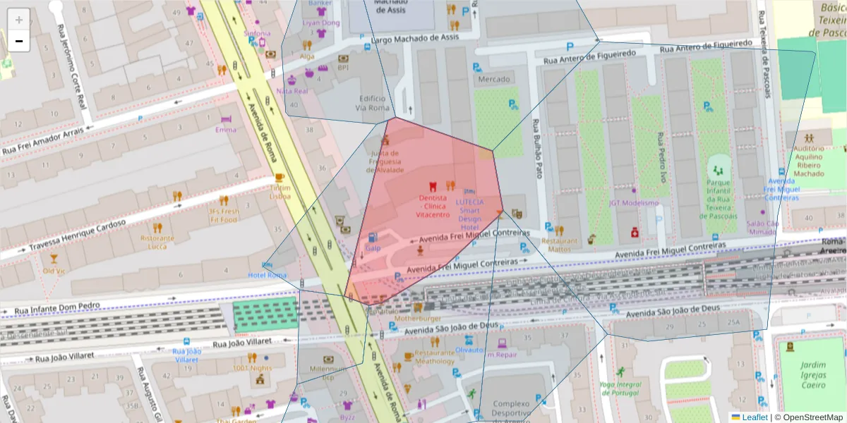 Mapa detalhado do código postal 1700-213 com limites, códigos postais vizinhos e agências dos correios