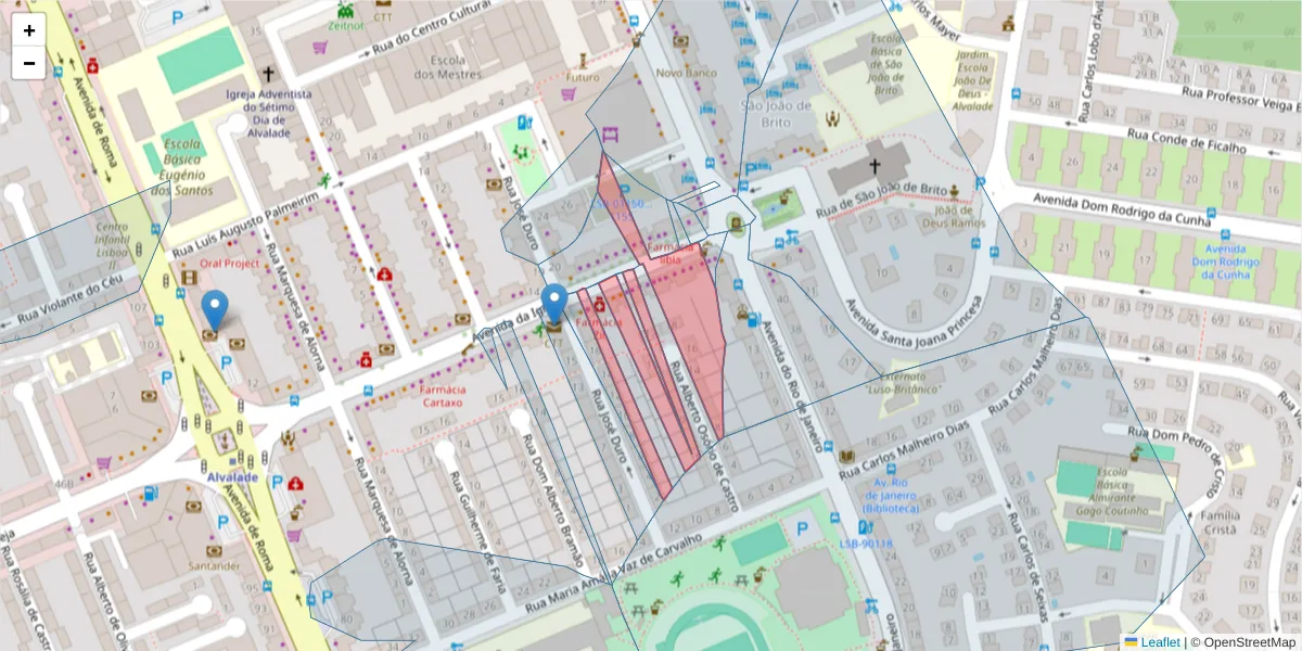 Mapa detalhado do código postal 1700-230 com limites, códigos postais vizinhos e agências dos correios