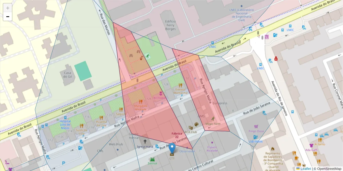 Mapa detalhado do código postal 1700-250 com limites, códigos postais vizinhos e agências dos correios