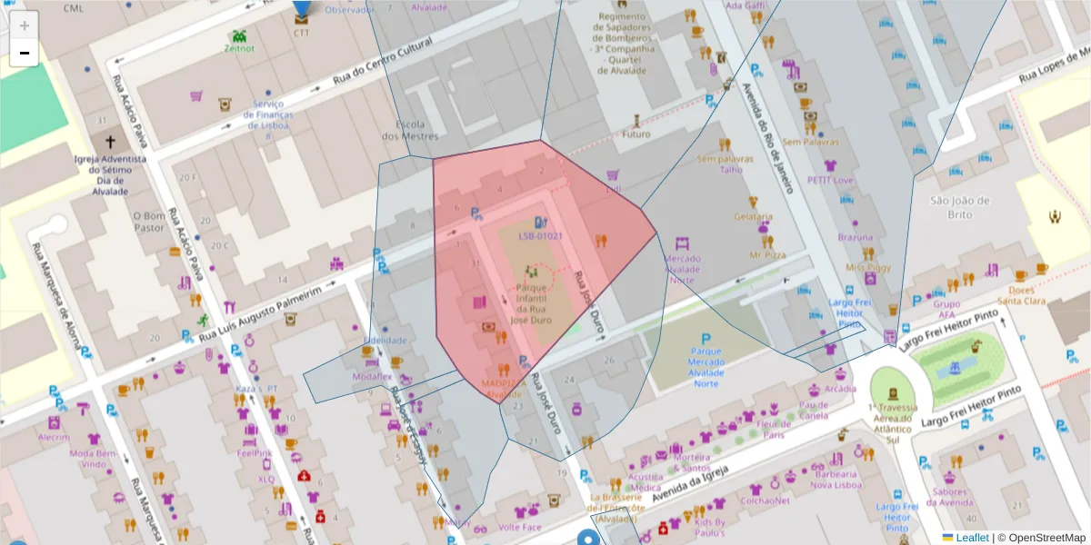 Mapa detalhado do código postal 1700-259 com limites, códigos postais vizinhos e agências dos correios