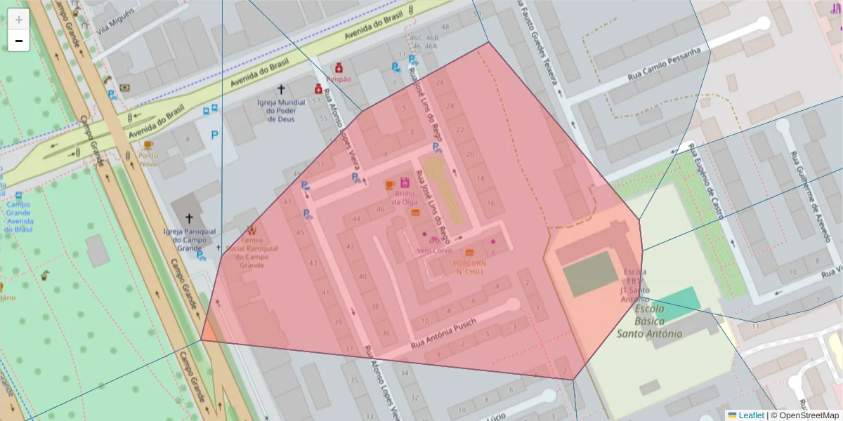 Mapa detalhado do código postal 1700-262 com limites, códigos postais vizinhos e agências dos correios