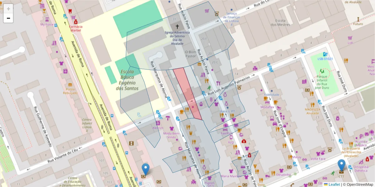 Mapa detalhado do código postal 1700-274 com limites, códigos postais vizinhos e agências dos correios
