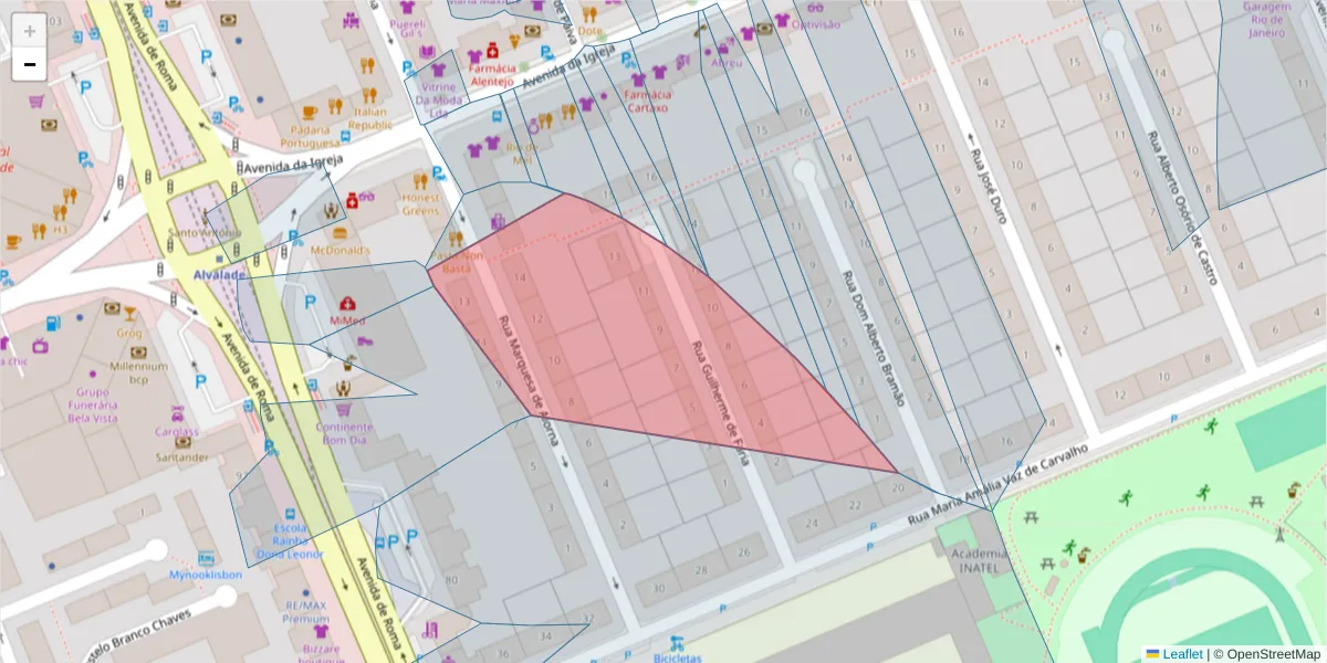 Mapa detalhado do código postal 1700-288 com limites, códigos postais vizinhos e agências dos correios