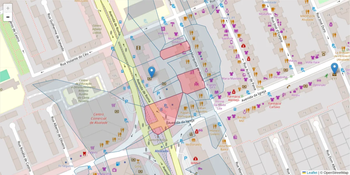 Mapa detalhado do código postal 1700-300 com limites, códigos postais vizinhos e agências dos correios