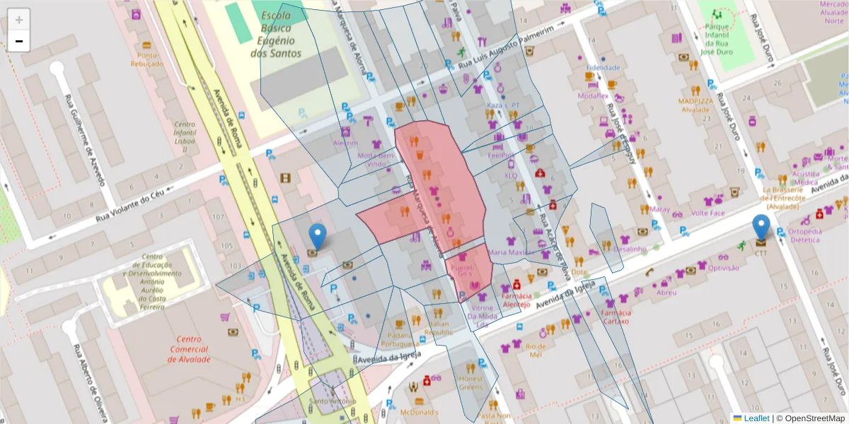 Mapa detalhado do código postal 1700-303 com limites, códigos postais vizinhos e agências dos correios