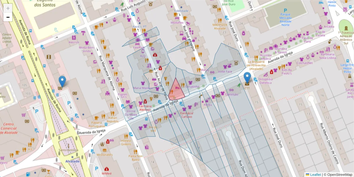 Mapa detalhado do código postal 1700-327 com limites, códigos postais vizinhos e agências dos correios