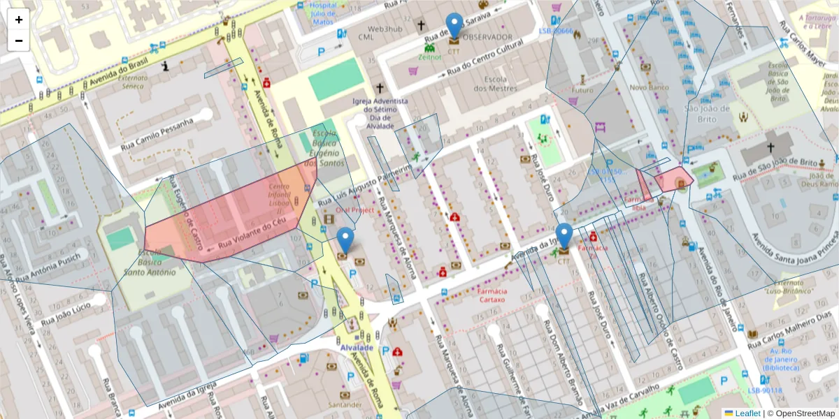 Mapa detalhado do código postal 1700-336 com limites, códigos postais vizinhos e agências dos correios