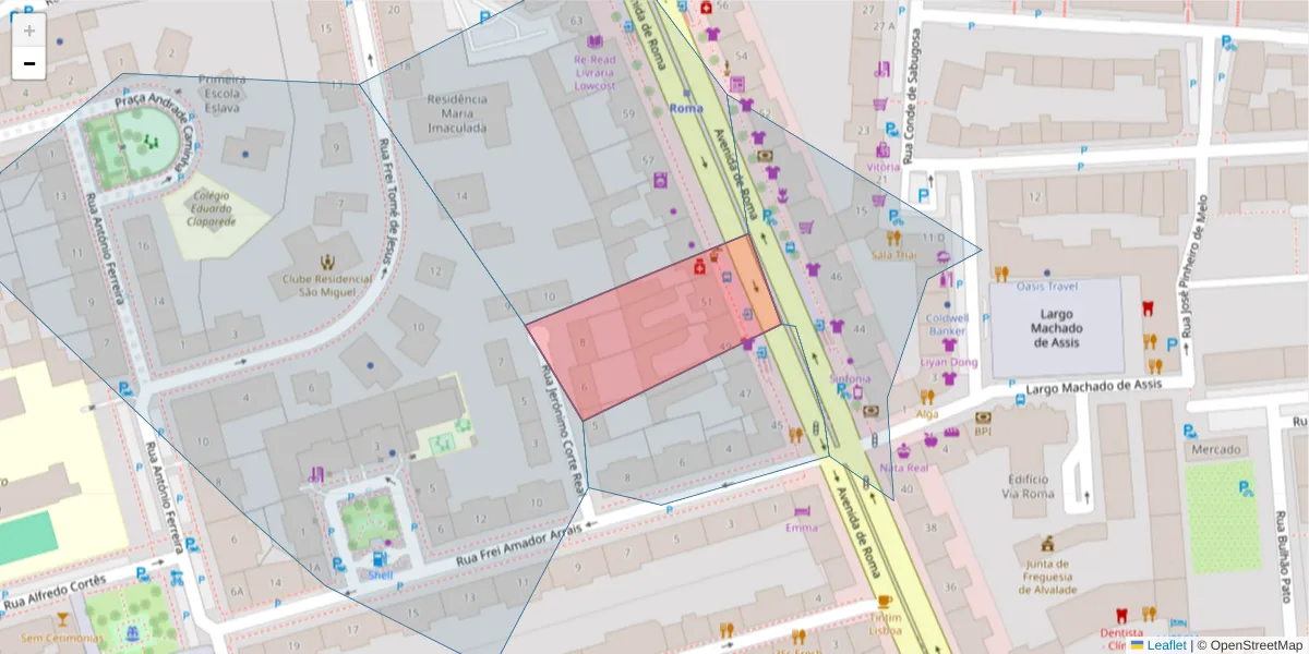 Mapa detalhado do código postal 1700-342 Alvalade com limites, códigos postais vizinhos e agências dos correios