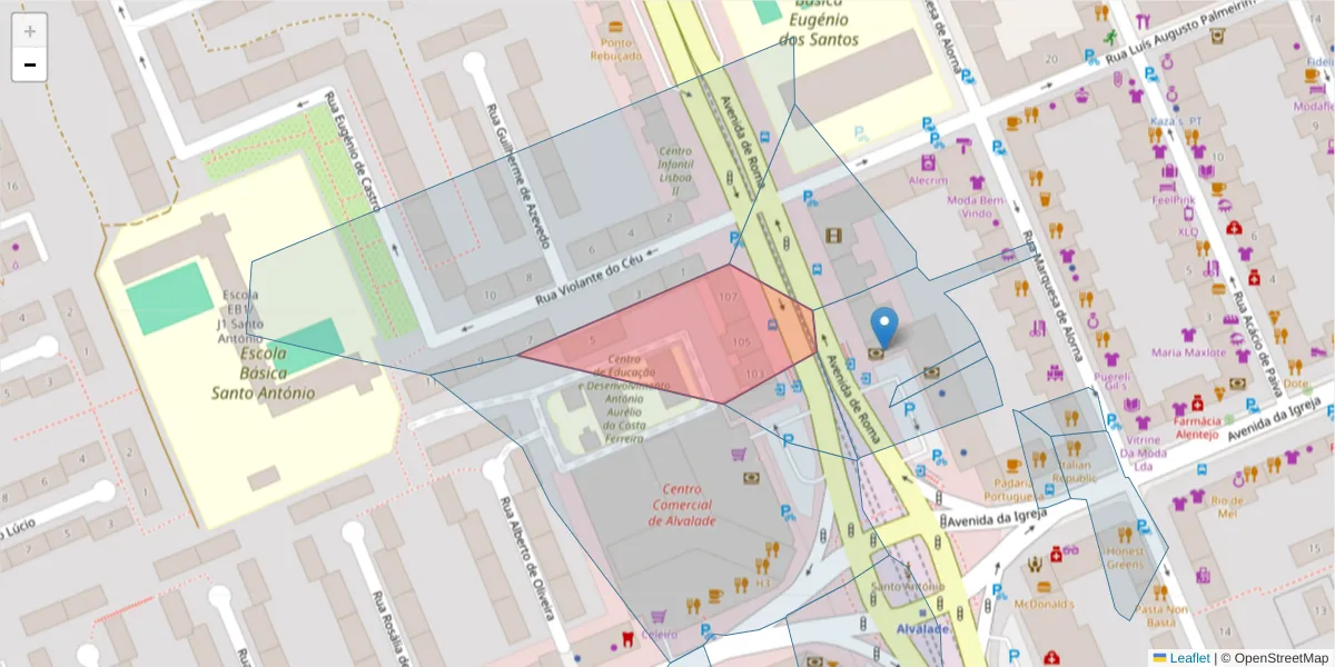 Mapa detalhado do código postal 1700-345 com limites, códigos postais vizinhos e agências dos correios