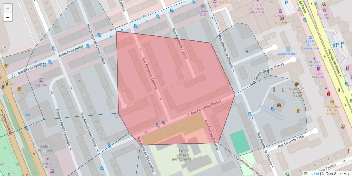 Mapa detalhado do código postal 1700-354 com limites, códigos postais vizinhos e agências dos correios