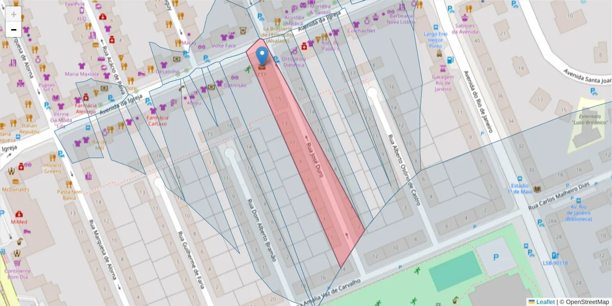 Mapa detalhado do código postal 1700-996 com limites, códigos postais vizinhos e agências dos correios