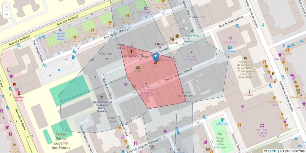Mapa detalhado do código postal 1700-999 com limites, códigos postais vizinhos e agências dos correios