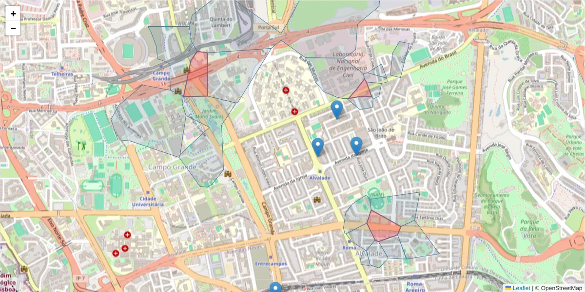 Mapa detalhado do código postal 1700 com limites, códigos postais vizinhos e agências dos correios