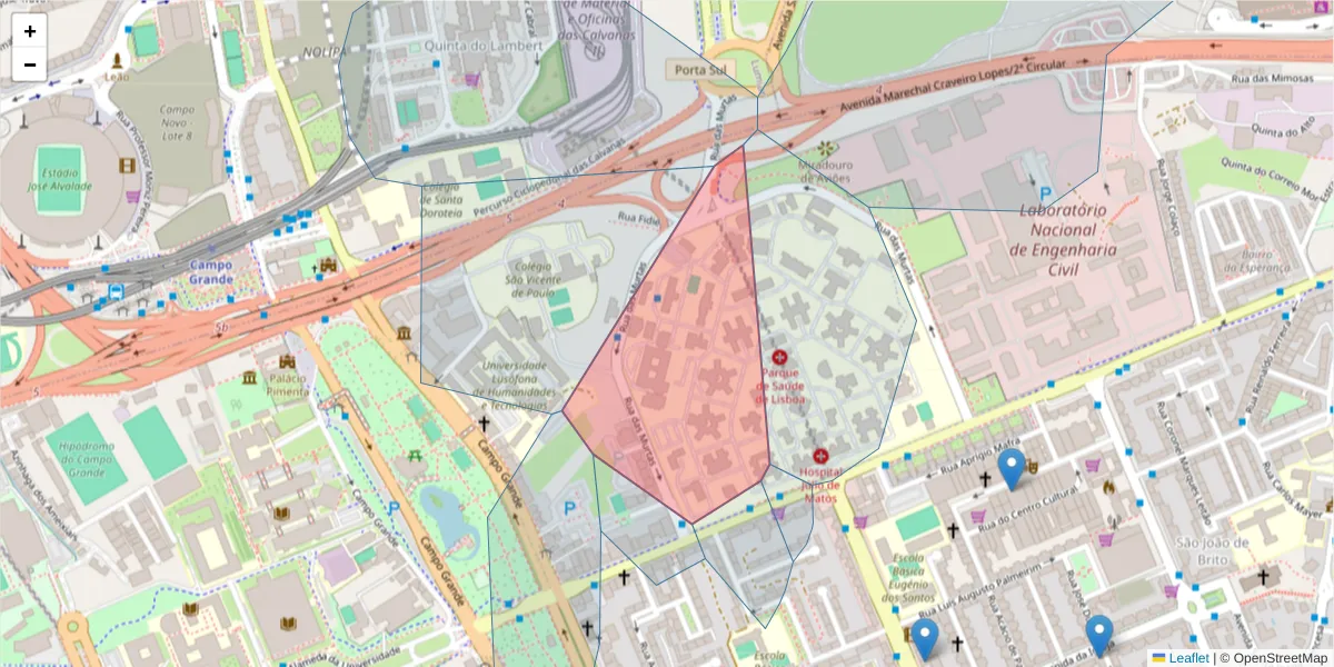Mapa detalhado do código postal 1749-005 com limites, códigos postais vizinhos e agências dos correios