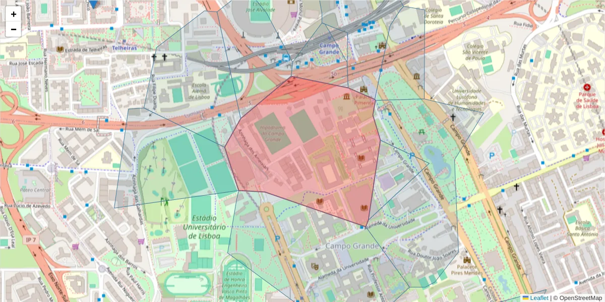 Mapa detalhado do código postal 1749-016 com limites, códigos postais vizinhos e agências dos correios