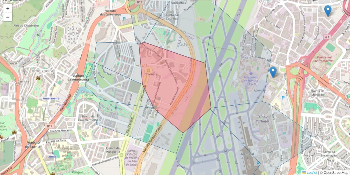 Mapa detalhado do código postal 1750-072 com limites, códigos postais vizinhos e agências dos correios