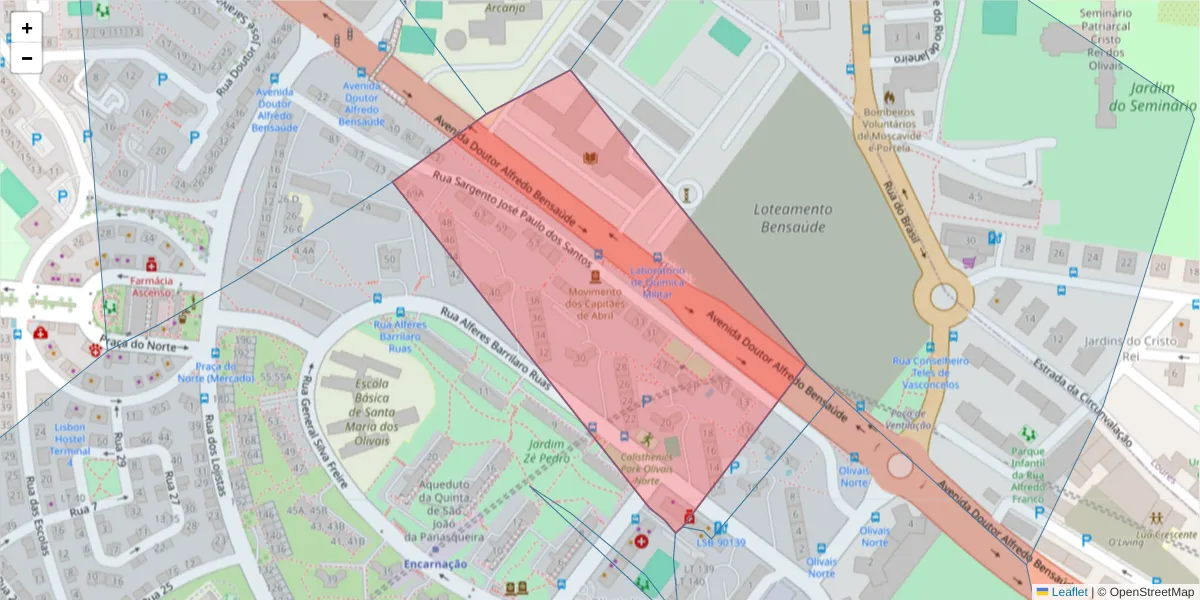 Mapa detalhado do código postal 1800-006 com limites, códigos postais vizinhos e agências dos correios