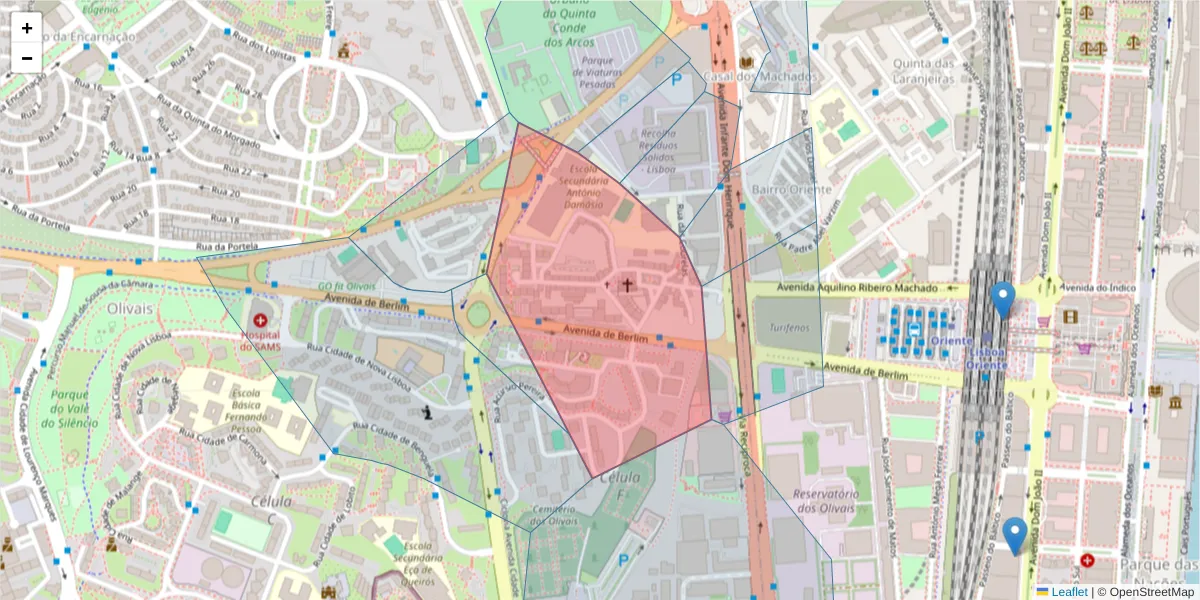 Mapa detalhado do código postal 1800-021 Santa Maria dos Olivais com limites, códigos postais vizinhos e agências dos correios