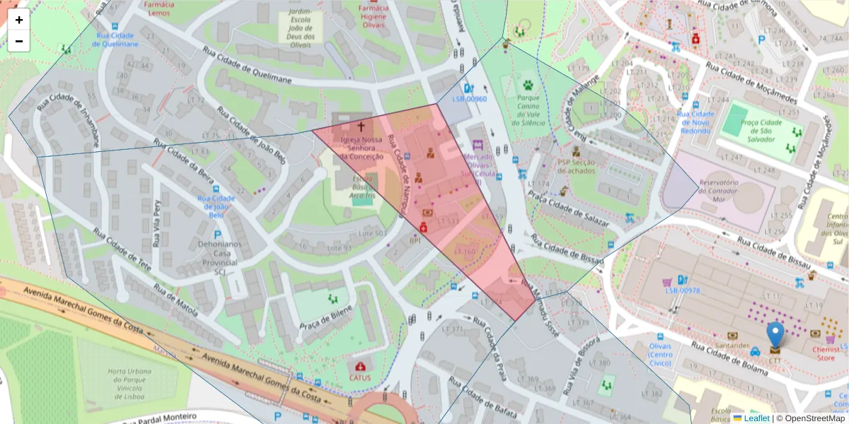 Mapa detalhado do código postal 1800-105 Santa Maria dos Olivais com limites, códigos postais vizinhos e agências dos correios