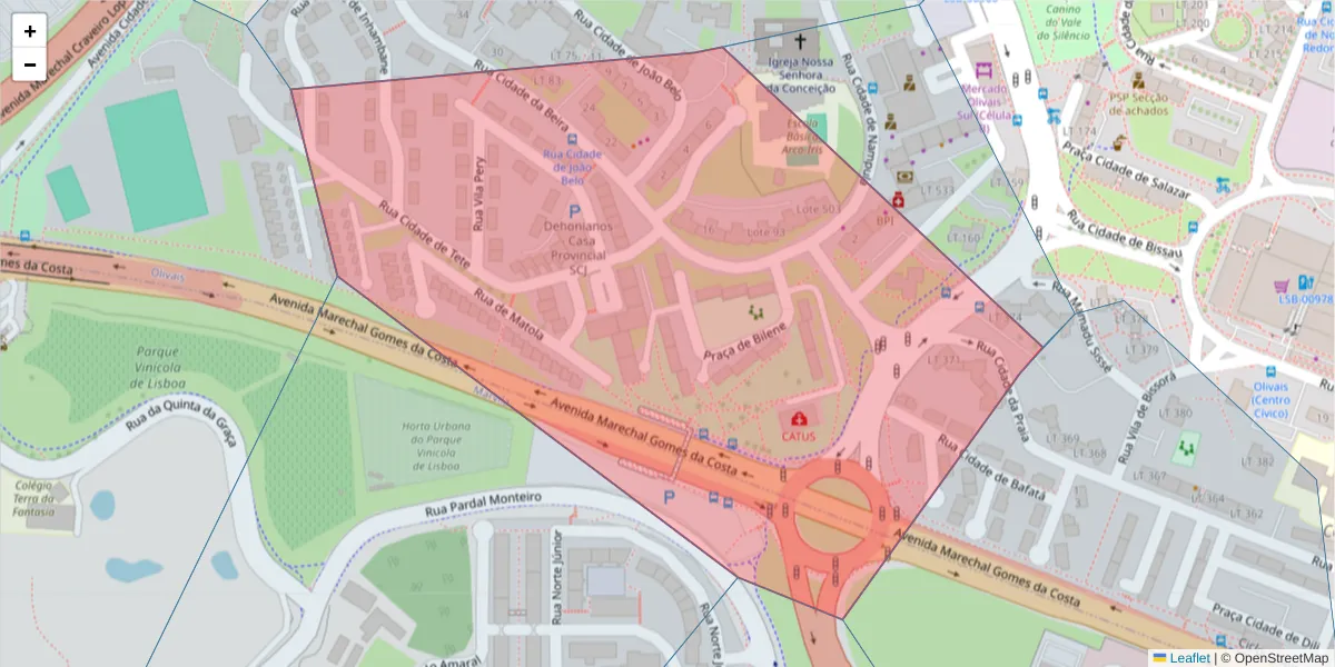 Mapa detalhado do código postal 1800-105 com limites, códigos postais vizinhos e agências dos correios