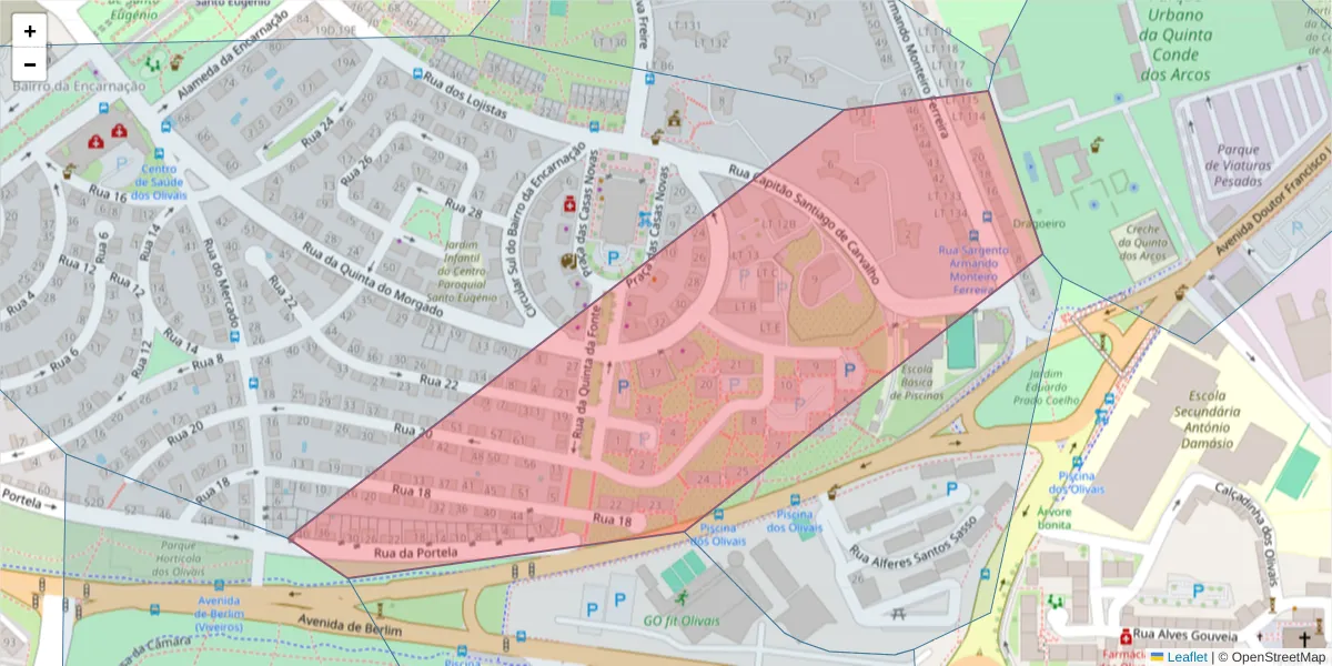 Mapa detalhado do código postal 1800-135 com limites, códigos postais vizinhos e agências dos correios