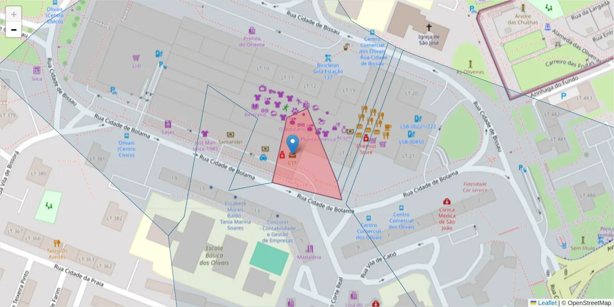 Mapa detalhado do código postal 1800-996 com limites, códigos postais vizinhos e agências dos correios