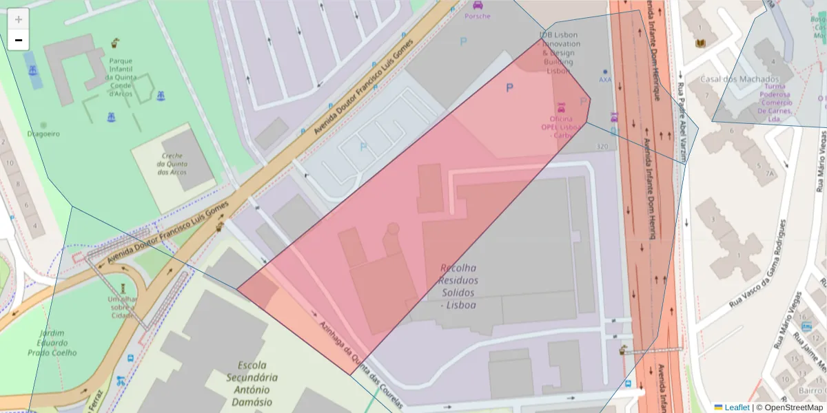 Mapa detalhado do código postal 1802-001 com limites, códigos postais vizinhos e agências dos correios