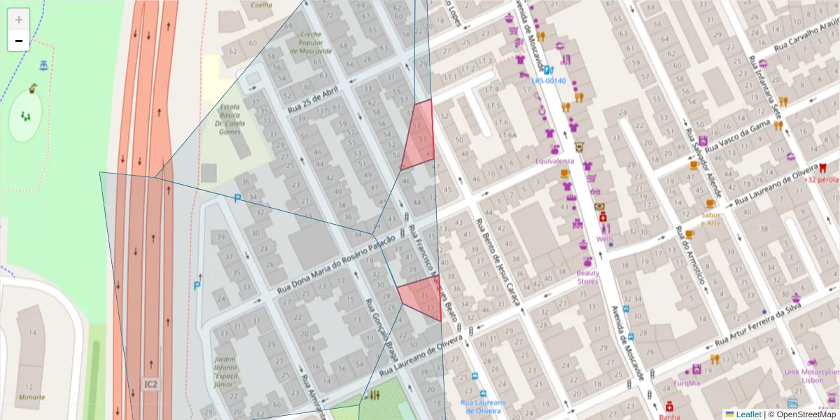 Mapa detalhado do código postal 1885-009 com limites, códigos postais vizinhos e agências dos correios