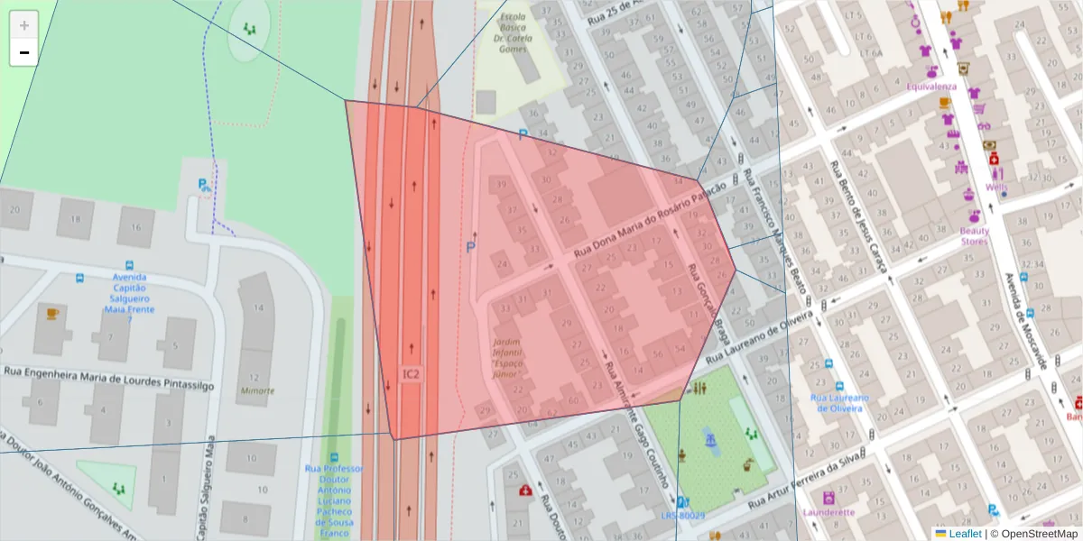 Mapa detalhado do código postal 1885-046 com limites, códigos postais vizinhos e agências dos correios