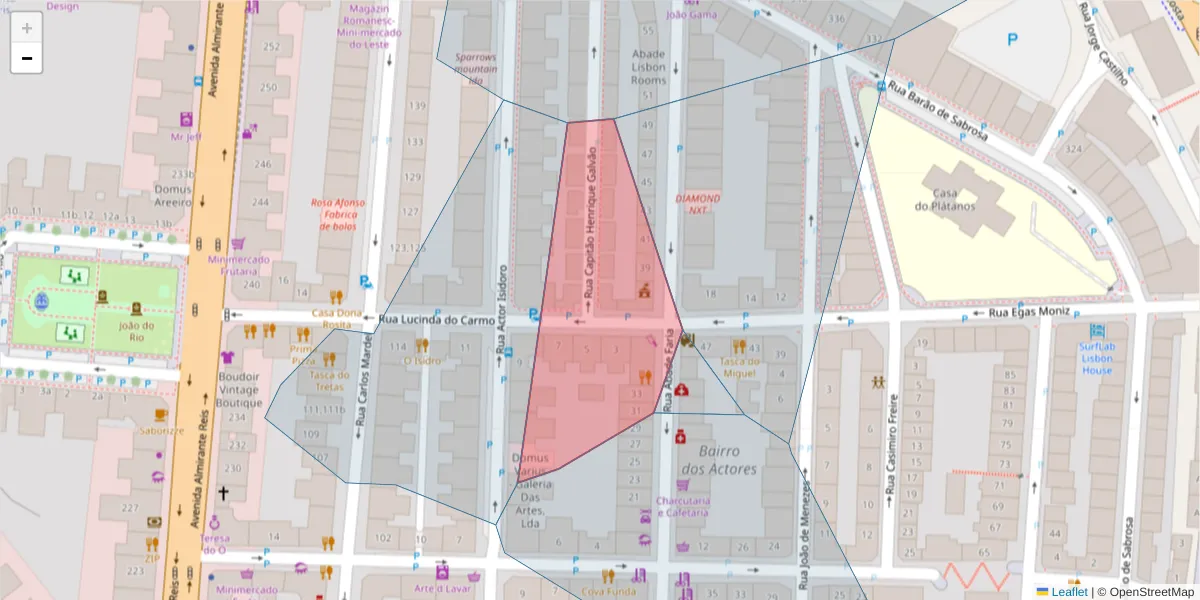 Mapa detalhado do código postal 1900-004 com limites, códigos postais vizinhos e agências dos correios
