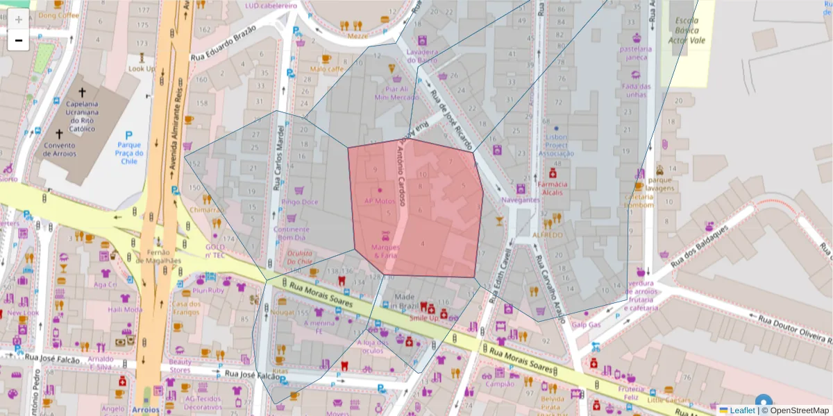 Mapa detalhado do código postal 1900-011 com limites, códigos postais vizinhos e agências dos correios