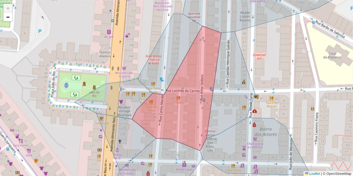 Mapa detalhado do código postal 1900-015 com limites, códigos postais vizinhos e agências dos correios