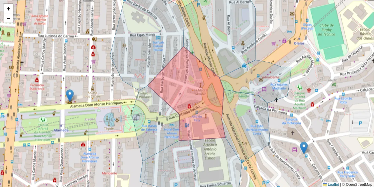 Mapa detalhado do código postal 1900-090 Alto do Pina com limites, códigos postais vizinhos e agências dos correios