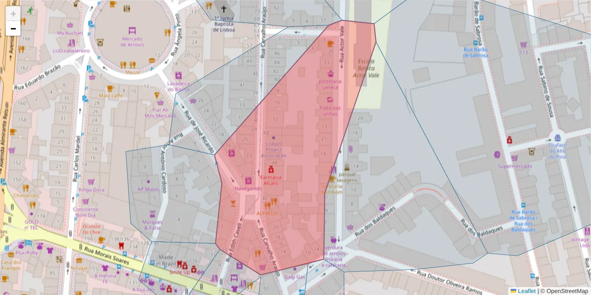 Mapa detalhado do código postal 1900-140 com limites, códigos postais vizinhos e agências dos correios