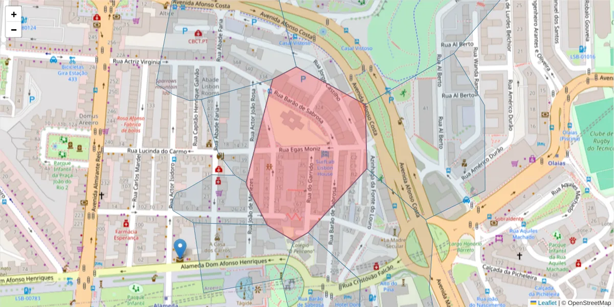 Mapa detalhado do código postal 1900-144 com limites, códigos postais vizinhos e agências dos correios
