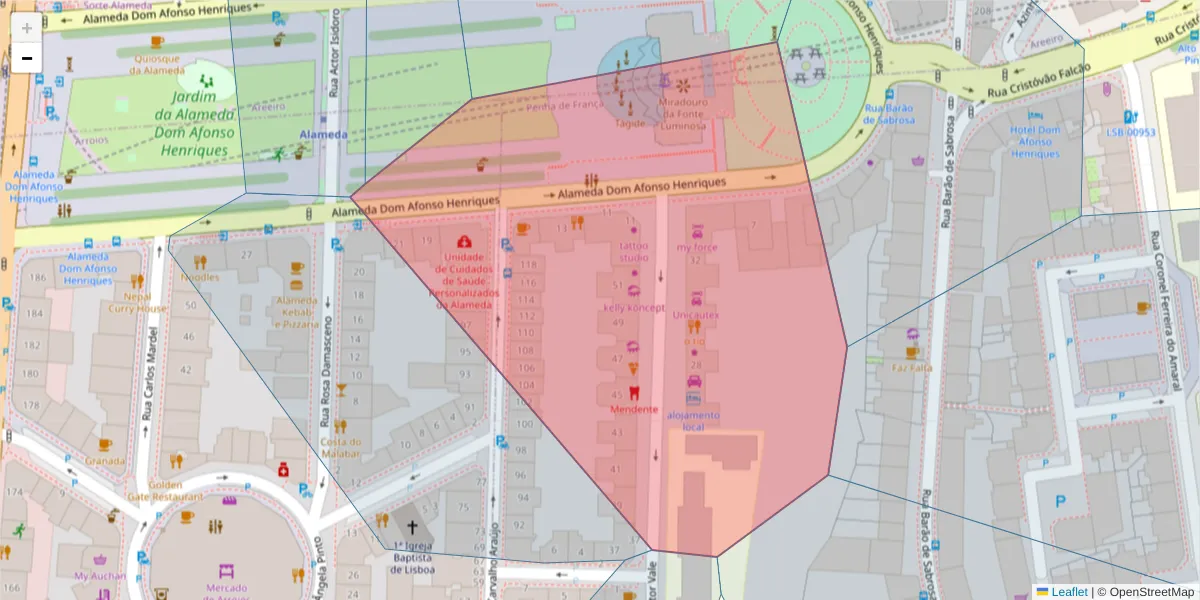 Mapa detalhado do código postal 1900-179 com limites, códigos postais vizinhos e agências dos correios