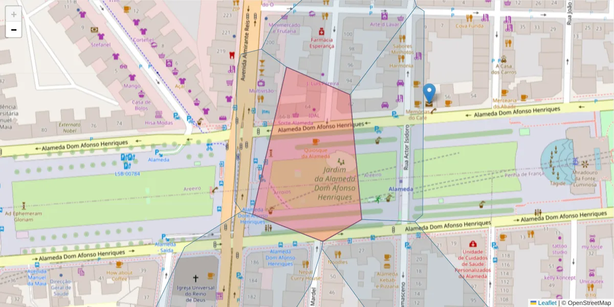 Mapa detalhado do código postal 1900-183 com limites, códigos postais vizinhos e agências dos correios