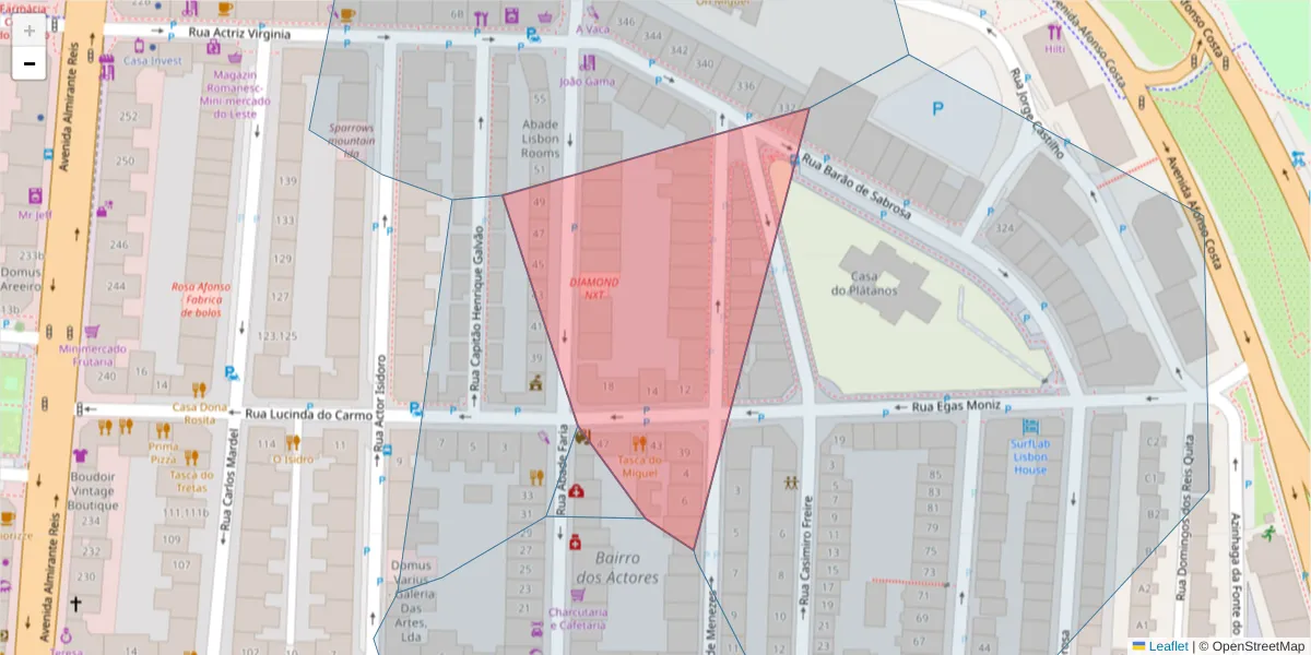 Mapa detalhado do código postal 1900-214 com limites, códigos postais vizinhos e agências dos correios