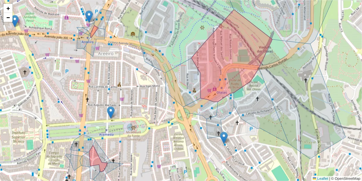 Mapa detalhado do código postal 1900-221 com limites, códigos postais vizinhos e agências dos correios