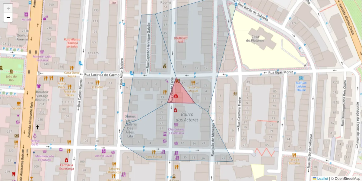 Mapa detalhado do código postal 1900-225 com limites, códigos postais vizinhos e agências dos correios