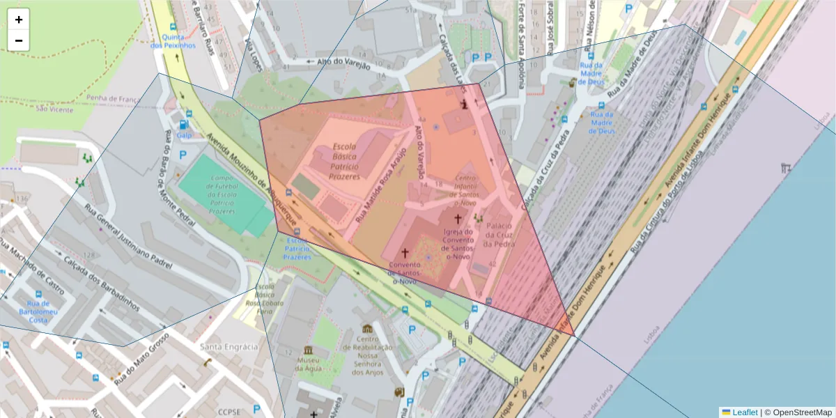 Mapa detalhado do código postal 1900-409 com limites, códigos postais vizinhos e agências dos correios