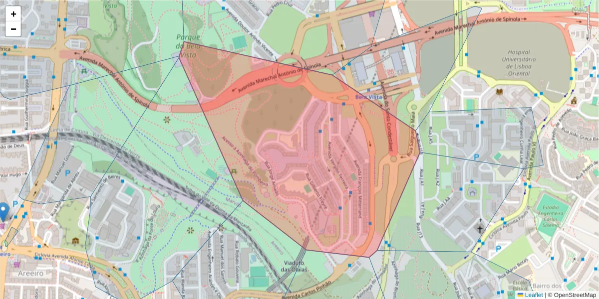 Mapa detalhado do código postal 1950-354 com limites, códigos postais vizinhos e agências dos correios