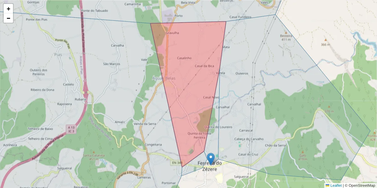 Mapa detalhado do código postal 2240-005 com limites, códigos postais vizinhos e agências dos correios