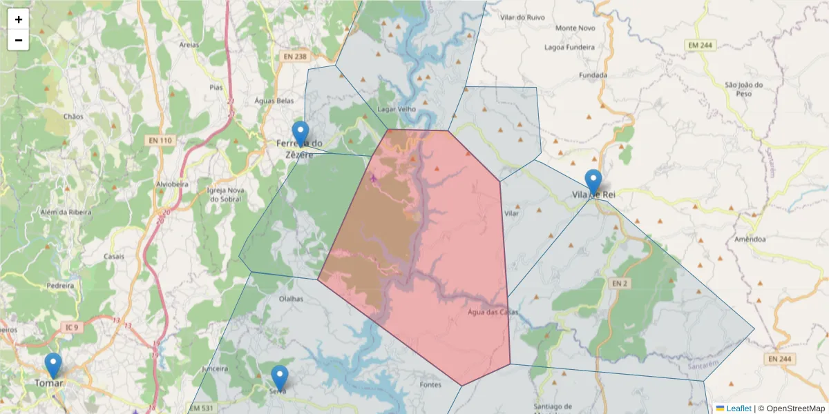 Mapa detalhado do código postal 2240-332 com limites, códigos postais vizinhos e agências dos correios